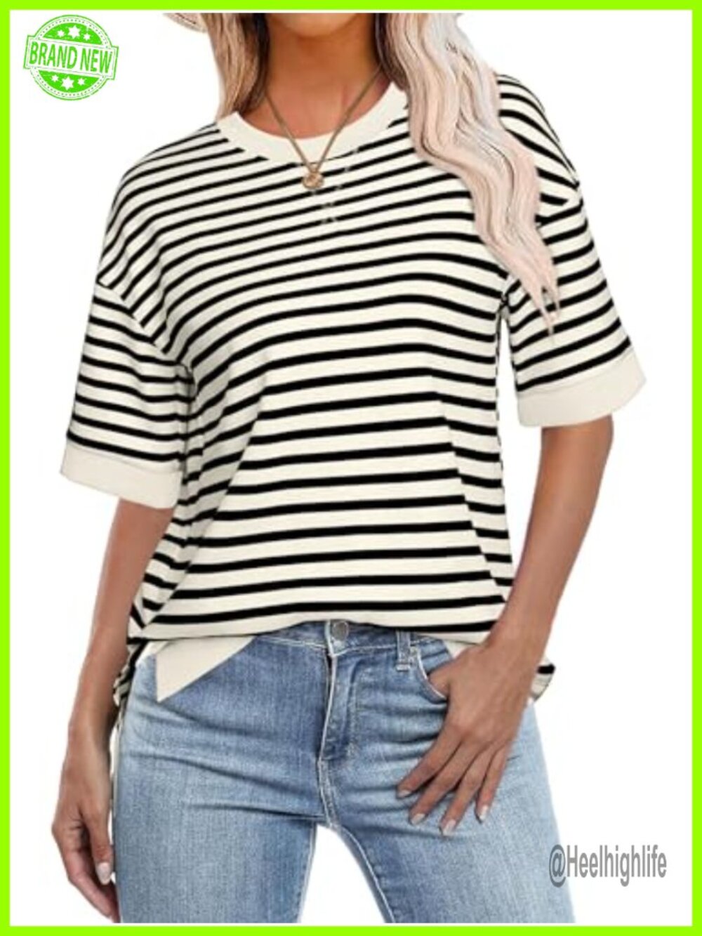 Glamaker Women's Short Sleeve Lightweight Sweatshirt Crewneck Striped Pullover